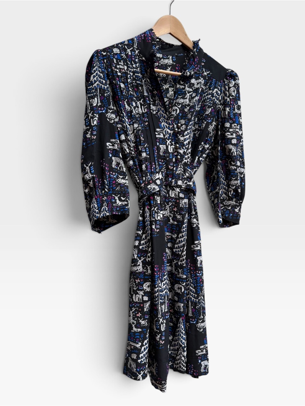 Anthropologie Black Folk Art Animal Print Midi Dress Pleated Tie Waist